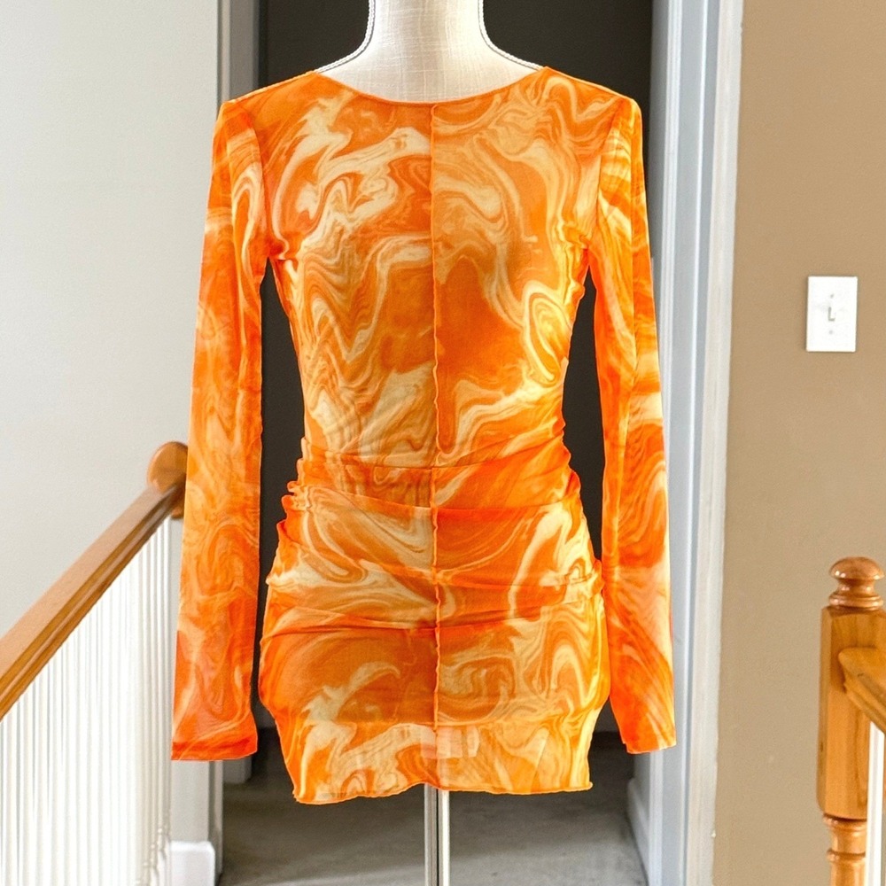 NWOT Naked Wardrobe Swim Orange Marble Mesh‎ Long Sleeve Mini Dress Cover Up S